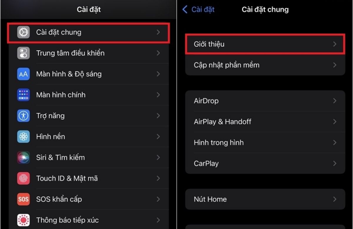 Cài đặt > Chọn Cài đặt chung > Chọn Giới thiệu