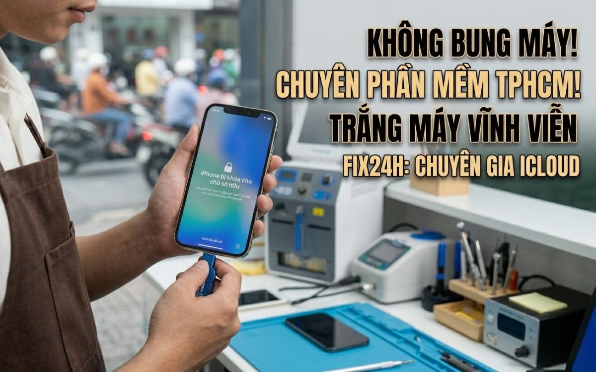 Kỹ thuật viên Fix24h đang sử dụng phần mềm chuyên dụng để mở khóa iCloud iPhone 12 mà không tháo máy