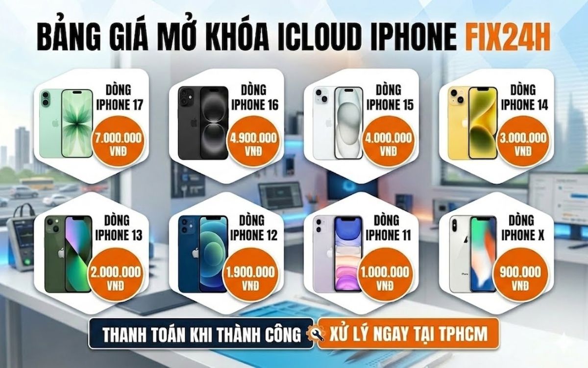 Bảng giá mở khóa iCloud giá rẻ cho iPhone 11 đến iPhone 17 tại Fix24h TPHCM
