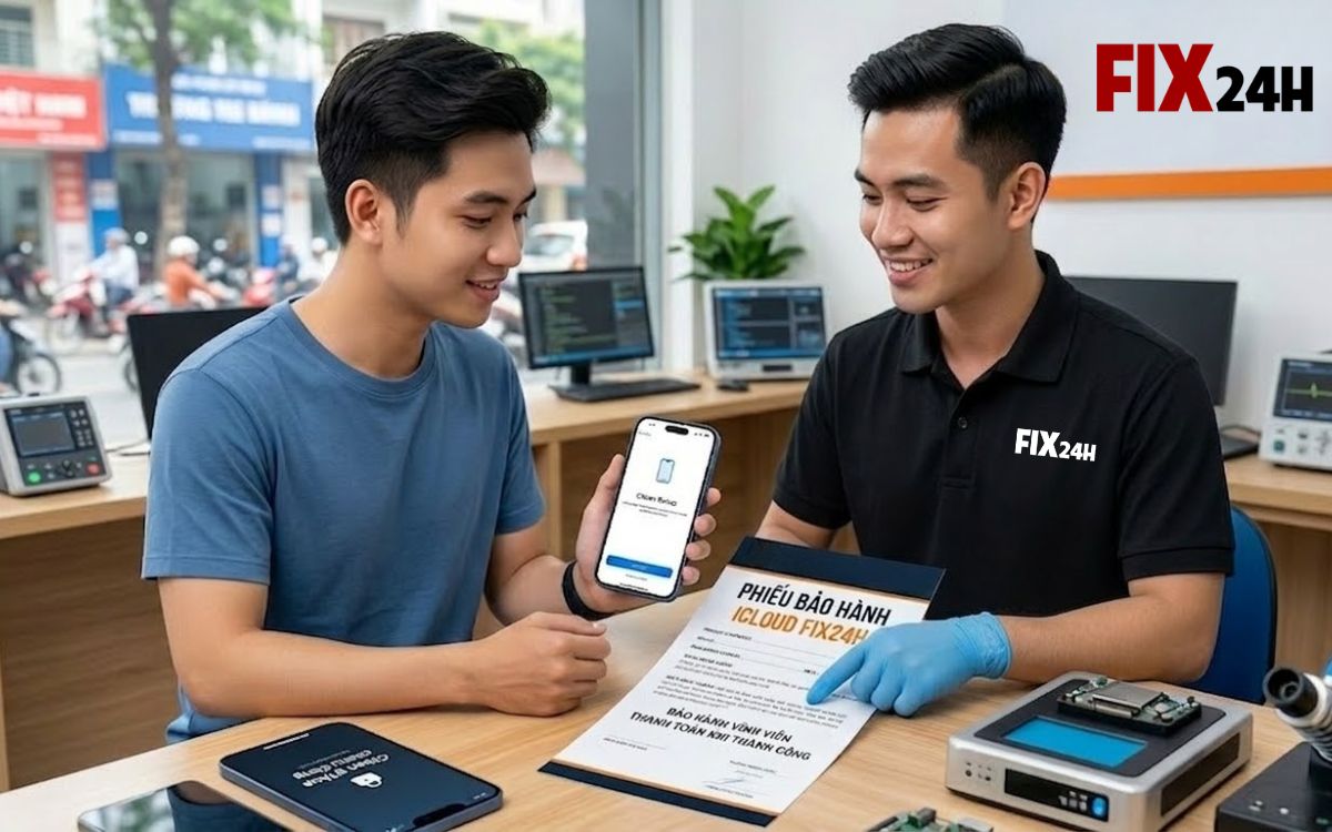 Khách hàng nhận máy iPhone đã mở khóa iCloud thành công và phiếu bảo hành vĩnh viễn